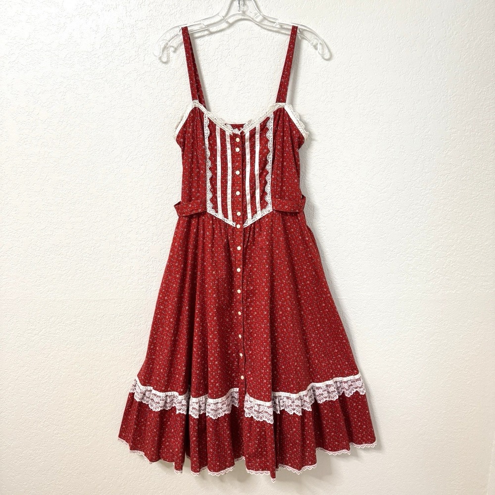 Vintage Gunne Sax Dress Womens Red 70s Calico Prairie Sundress Cottagecore